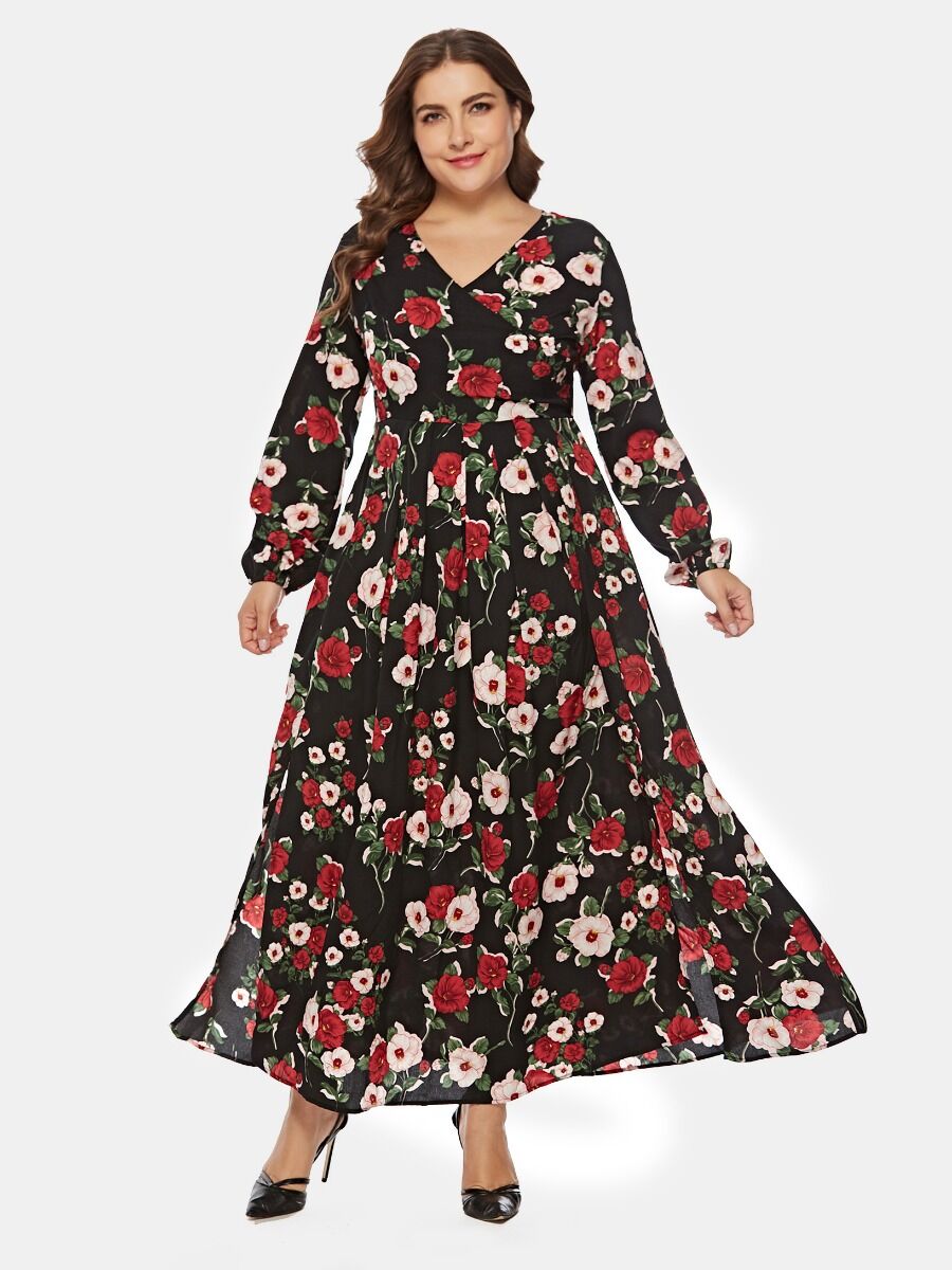 Plus Size Flower Print Maxi Dress