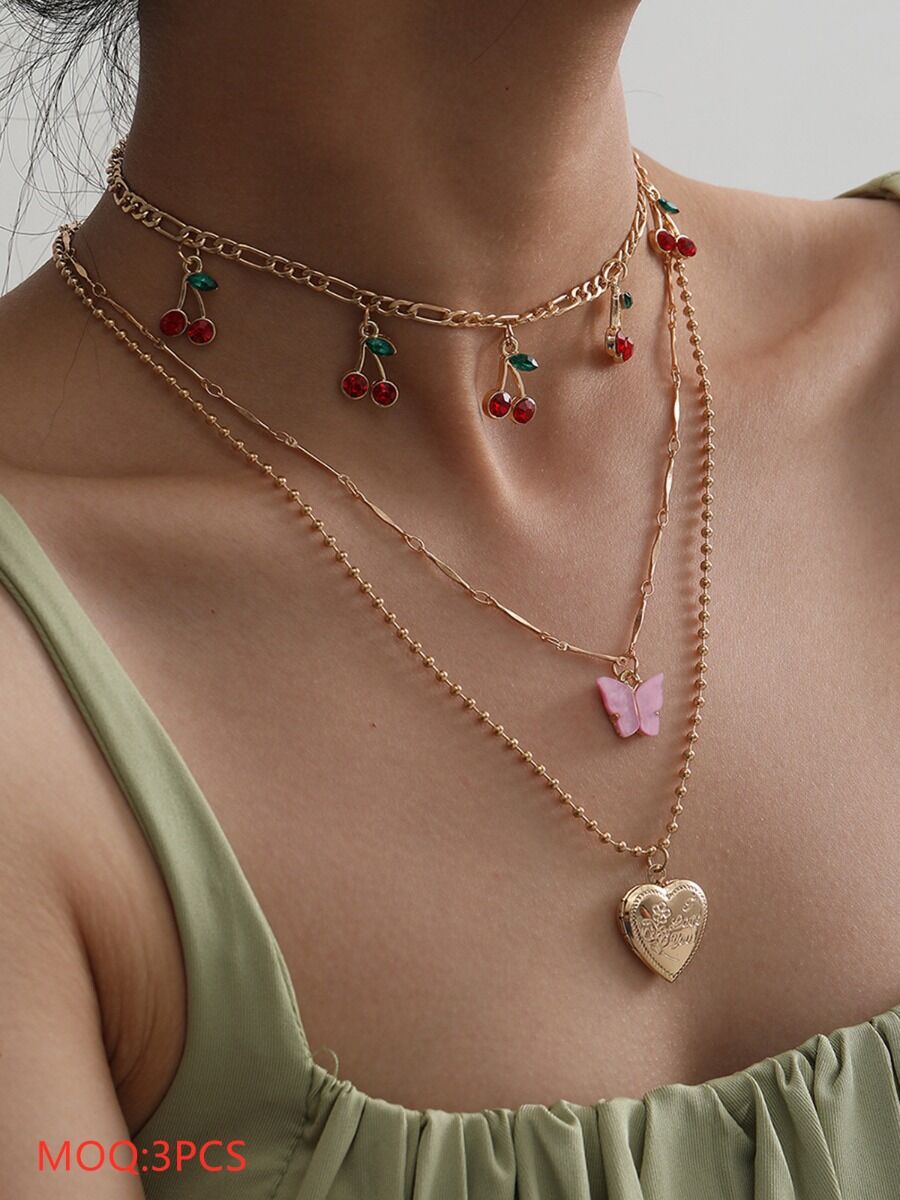 shestar wholesale Cherry Butterfly Heart Pendant Multilayer Necklace