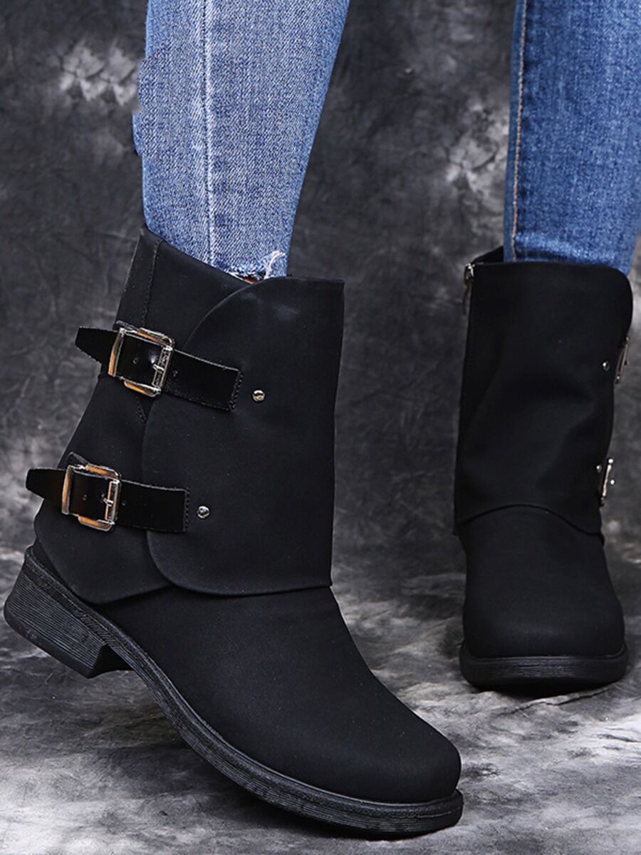 shestar wholesale womens accessories Double Buckle Design Faux Leather Boots