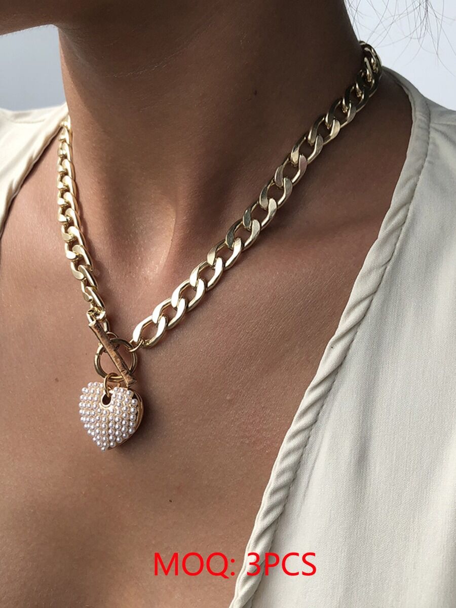 shestar wholesale womens accessories Faux Pearls Trim Heart Pendant Chain Necklace