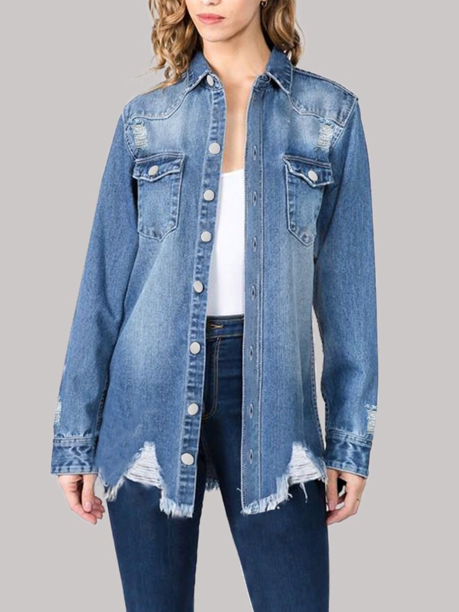 Curve Hem Fringe Trim Frayed Denim Jacket