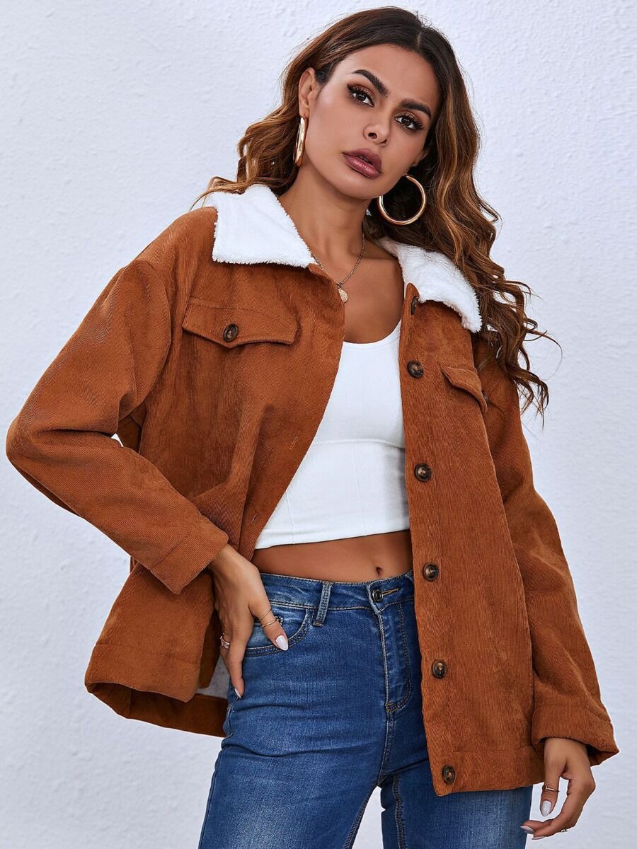 Plush Collar Buttoned Corduroy Shirt Jacket