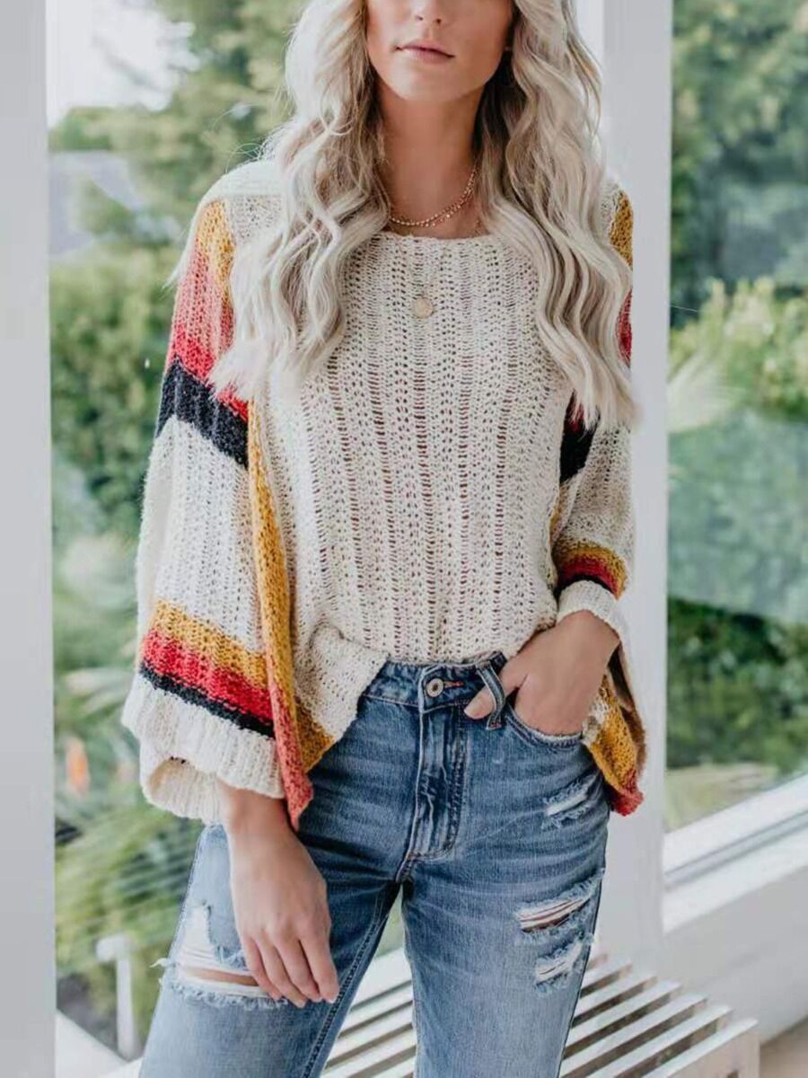 Drop Shoulder Rainbow Stripe Knit Smock Top