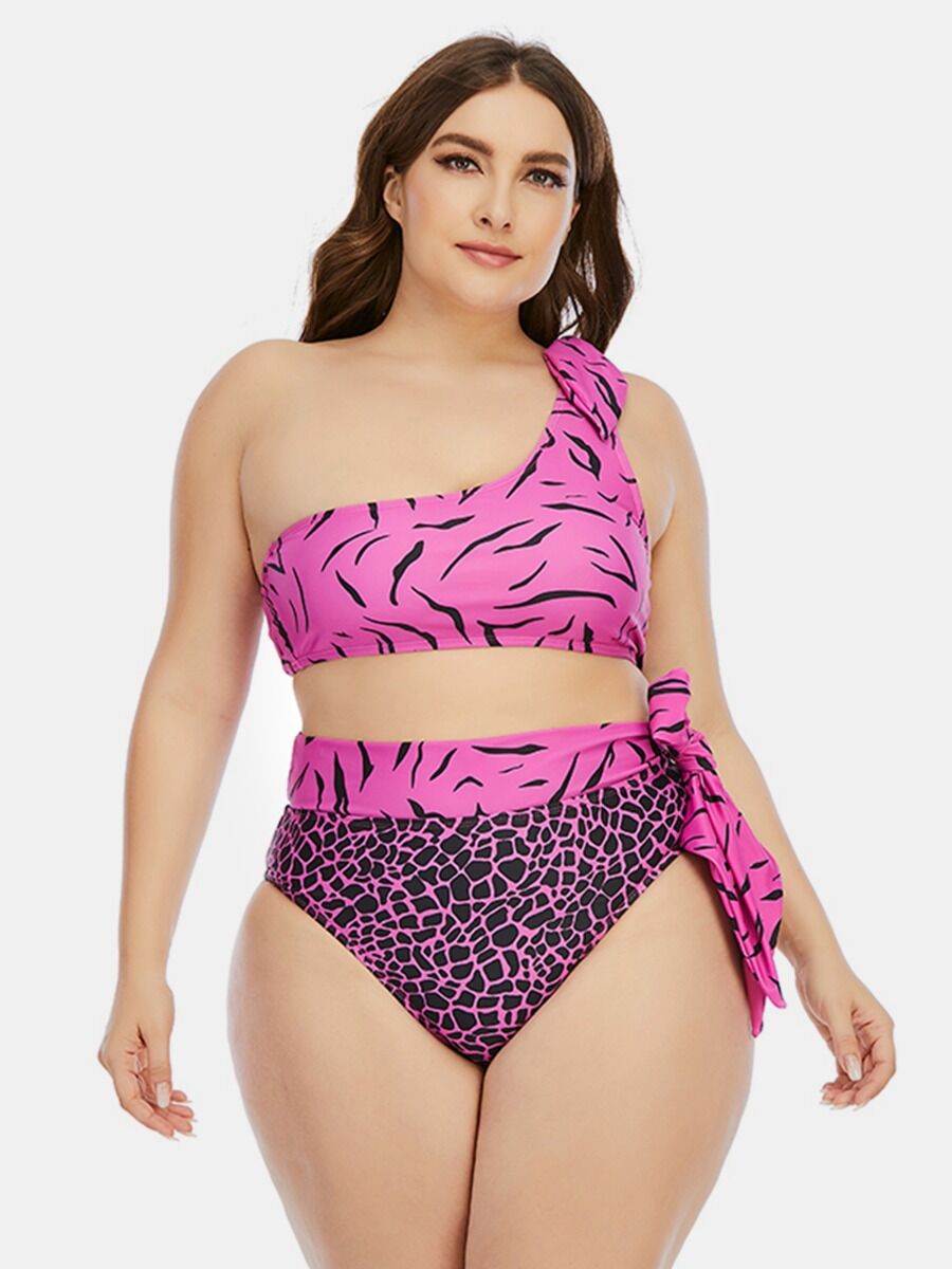 shestar wholesale 2 Pieces Leopard Print One-shoulder Tank Top And Tie Shorts Plus Size Bikini Swimsuits