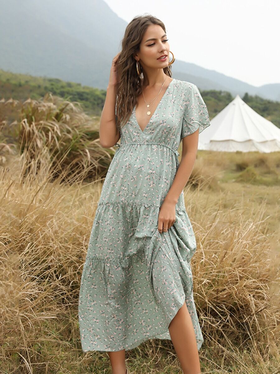 shestar wholesale Bohemian Fungus Trim V-neck Ditsy Floral Maxi Dress