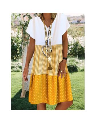 Colorblock Printed V-Neck Short Sleeve Dress Summer Casual Dresses T Shirt Dress Wholesale SD531901