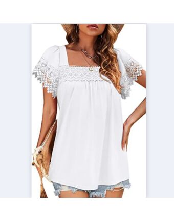 Square Neck Lace Stitching Short Sleeve Casual Top Wholesale Women'S Top N4623052500041