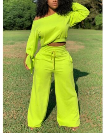 2 Pieces Solid Color Tie Sleeve Top And Flared Pants Set