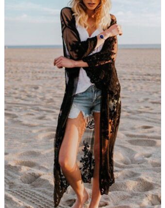 Flutter Sleeve Flower Embroidered Beach Lace Cover-up Dress