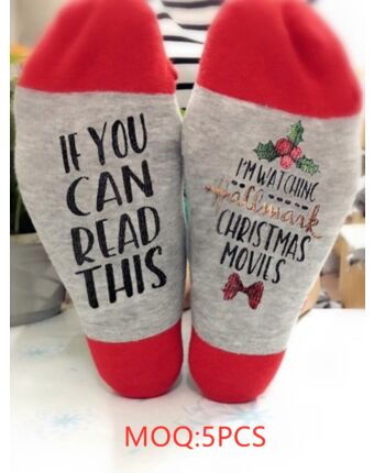 Women Hit-color Letter Print Christmas Socks