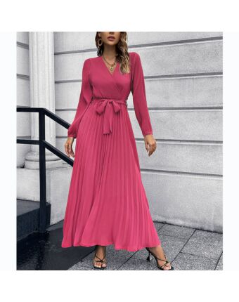 Long Sleeve V-Neck Tie-Up Pleated Swing Dress Wholesale Maxi Dresses SDN536045