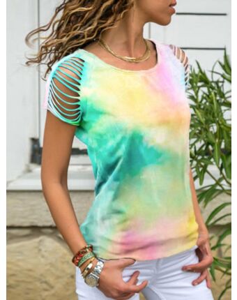 Clearance Sale Cold Shoulder Tie Dye Women T-Shirt  (No Return or Exchange) 210312703