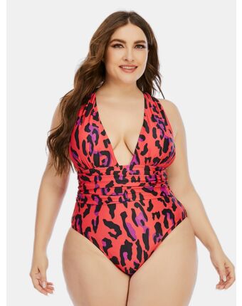 wholesale plus size clothing vendors Deep V-neck Leopard Print Halter One Piece Swimsuit