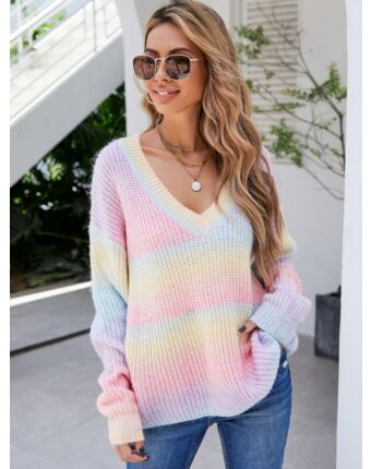Rainbow Patchwork Tie Dye V-neck Sweater 210804831