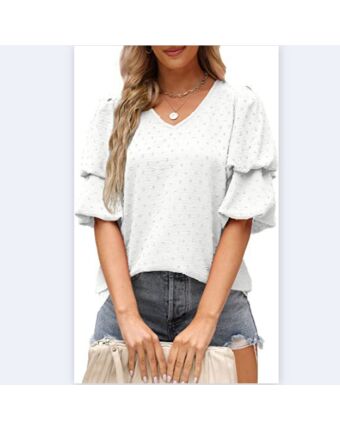 V-Neck Lantern Sleeve Chiffon Solid Color All-Match Top Wholesale Women'S Top N4623052500047