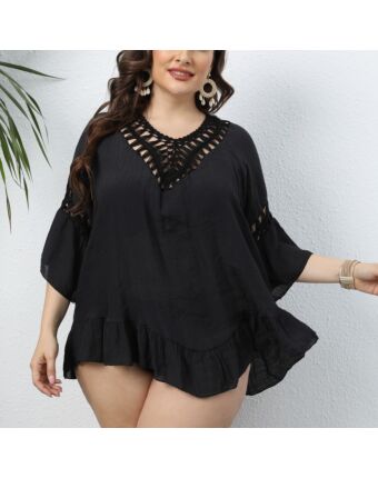 Women Fashion Crochet Hollow Out Ruffle Hem Bikini Cover Up Wholesale Plus Size Swimwear ST204083