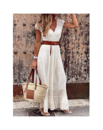 Solid Color Resort V Neck Lace Stitching Swing Maxi Dresses Wholesale Bohemian Dress For Women SDN532782