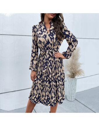 Printed Long Sleeve Tie-Up Casual Swing Pleated Dress Wholesale Dresses SDN538421