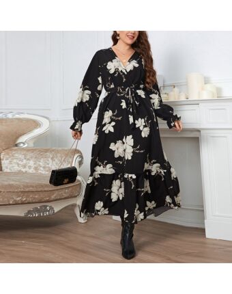 Temperament And Elegant Printed V-Neck Petal Sleeve Maxi Dress Wholesale Plus Size Women Clothing SDV463749