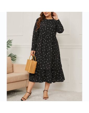 Polka Dot Print Long Sleeve O Neck Casual Swing Dresses Wholesale Plus Size Clothing SDN536729