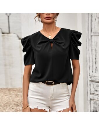 Solid Color Puff Short Sleeve V-Neck Slim Ruched Shirt Wholesale Womens Tops  STN538823