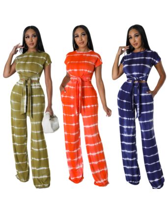 Fashion Short-Sleeved Striped Lace-Up Top And Wide-Legged Pants Set Wholesale Women'S 2 Piece Sets V5923050500079