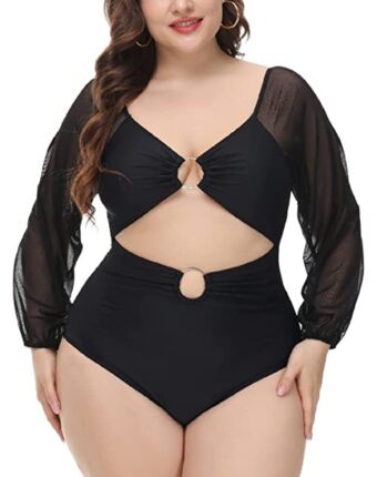 Wholesale Women'S Plus Size Clothing Solid-Color Mesh-Paneled One-Piece Swimsuit N4623032900004