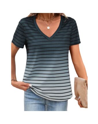 Striped Print Short Sleeve Casual V-Neck T-Shirt Wholesale Womens Clothing N3824022600051