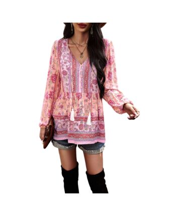 Fashion Flower Print V-Neck Long Sleeve Top Wholesale Womens Tops N5923082900022