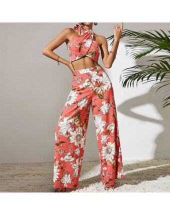 Lace-Up Open Back Crop Tops Print Wide-Leg Pants Set Wholesale Women'S Clothing N4623040100065