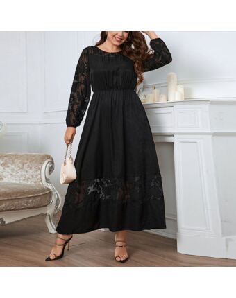Solid Color Long Sleeve Fashion Lace Curvy Maxi Dresses Wholesale Plus Size Clothing SDN537225