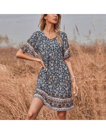 Retro Print Flare Sleeve Round Neck Casual Dress Wholesale Bohemian Dress For Women Vacation SD203697