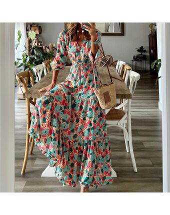 Casual Printed Loose V-Neck Smocked Dress Wholesale Maxi Dresses SDN534927