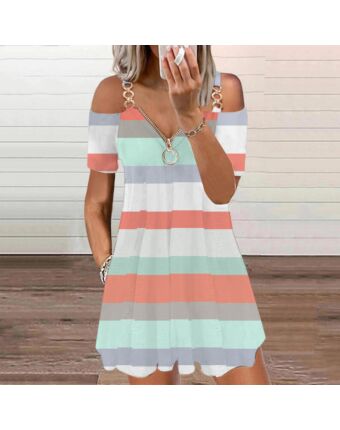 Striped Print Short Sleeve Cold Shoulder Zip Up Wholesale Casual Dresses With Pockets ST203467