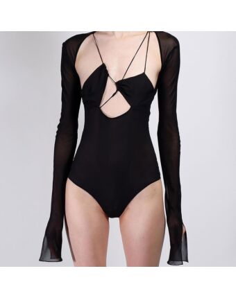 Solid Color Translucent Mesh Long Sleeve Cutout Slim Tight Sexy Womens Clothing Wholesale Bodysuits SDN532803