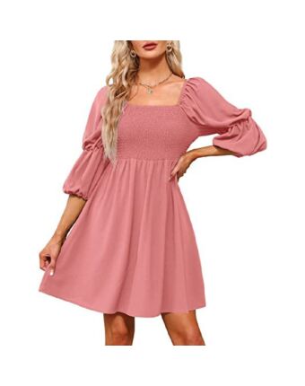 Square Collar Puff Sleeve Pleating Backless Doll Dress Wholesale Dresses N5323021800057