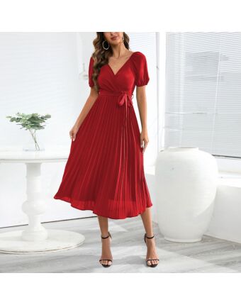 Lantern Sleeve Solid Color Elegant V-Neck A-Line Pleated Dress Wholesale Dresses N5323021800038