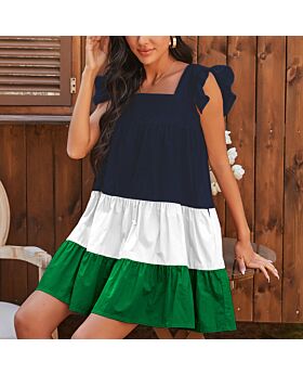 Colorblock Square Collar Frill Sleeve Suspender Summer Smocked Dress Wholesale Dresses N5323030700093