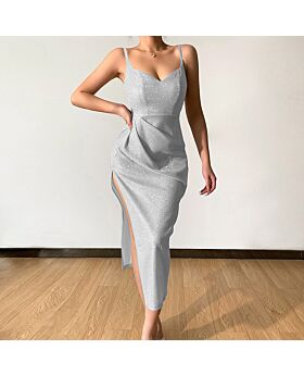 Glitter Sexy Deep V Strap Split Temperament Ruched Bodycon Dress Wholesale Dresses N5323032300053
