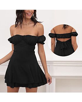 One-Neck Puff Sleeve Backless Hollow Strappy Sexy Dress Wholesale Dresses
