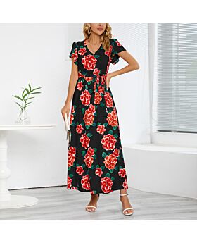 Slim Fit Short Sleeve V Neck Rose Print Dress Wholesale Dresses N46523033000005

