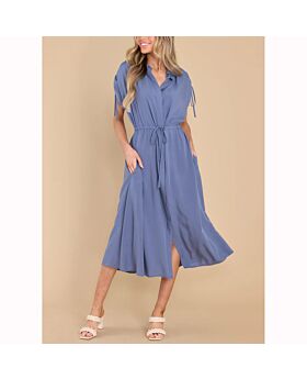 Summer Drawstring Waist Lapel Collar Single-Breasted Casual Midi Dress Wholesale Dresses 