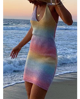 Multicolor Rainbow Ribbed Knitted Tie-up Halter Dress