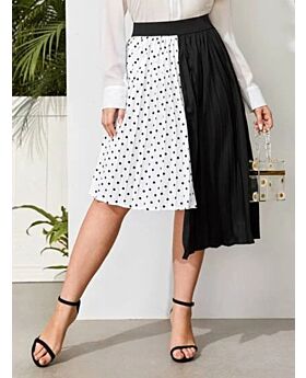 Plus Size Hi-Lo Hem Polka Dot Panel Pleated Chiffon Skirt