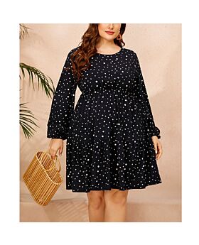 Fashion Loose Print Midi Dress High Waist Long Sleeve Wholesale Plus Size Clothing In Darkblue