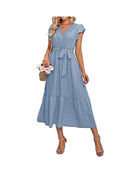 V-Neck Lace-Up Flying Sleeves Polka Dot Jacquard Midi Swing Dress Wholesale Dresses 