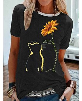 Clearance Sale Sunflower & Cat Print Women Casual Tee (No Return or Exchange)