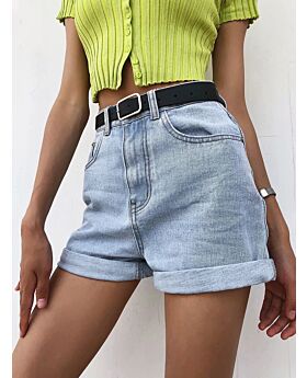 High Waist Curled Denim Jean Shorts With Belt