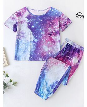 2-piece Women Homestyle Galaxy Print Tee Shirt Pants Set