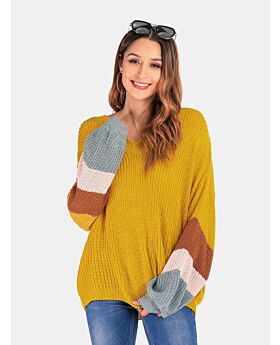 V-neck Colorblock Gathered Sleeve Sweater